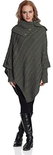 Merry Style Damen Poncho N4293 in Khaki, One Size - Stylischer Strick Poncho mit hohem Rollkragen und halben Fingern, ideal für kühle Tage. Komfortabel, elastisch und kratzt nicht auf der Haut – perfekt für jedes Outfit!