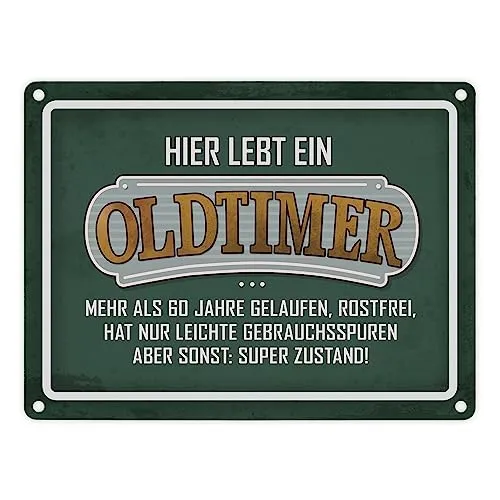 Hier lebt ein Oldtimer über 60 Metallschild in Grün Geburtstag Retro Vintage