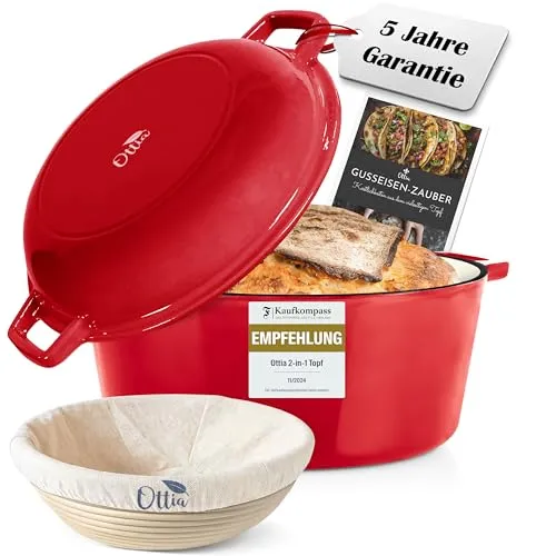 Ottia Gusseisen Topf - 26cm Dutch Oven, 2in1 Bräter mit Premium Emaille und E-Rezeptbuch für vielseitiges Kochen und Backen