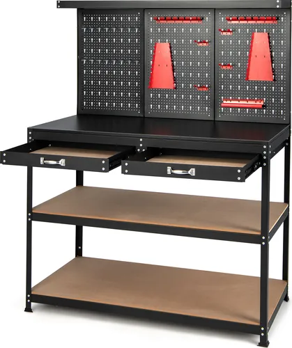 COSTWAY Werkbank mit Stecktafel und Schubladen, 121 cm - Robuste Mehrzweck-Werkbank mit 25 Hängezubehörteilen, ideal für Handwerker. Hohe Tragfähigkeit von bis zu 435 kg und viel Stauraum für Werkzeuge sorgen für Ordnung und Effizienz in Ihrer Werkstatt.