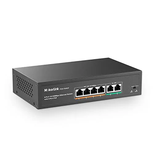 MokerLink 4 Port PoE Switch mit 2 Uplink Ethernet-Ports, 78W High Power, Unterstützung IEEE802.3af/at, lüfterloses Metal Plug & Play PoE+