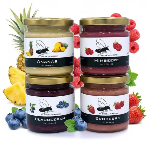 Grega's Imkerei 4er Frucht im Honig Set – Probier- & Geschenkset mit Erdbeere, Himbeere, Ananas, Blaubeere