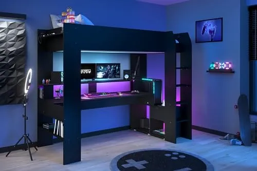 Gamerbett Online 1 - Schwarz 220x132x180cm - Betten für Gamer: Das Online 1 Gamerbett bietet integrierten Schreibtisch, LED-Beleuchtung und Stauraum für ein optimales Gaming-Erlebnis.