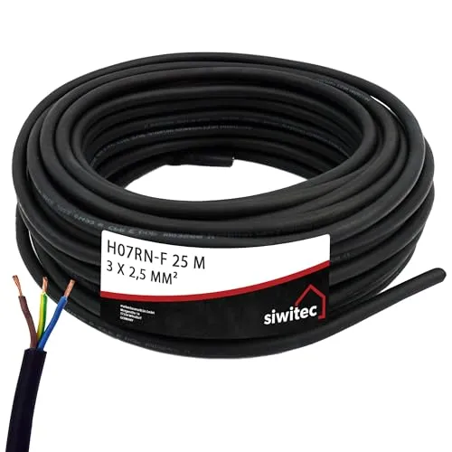 siwitec Gummischlauchleitung H07RN-F 3G2,5, 3x2,5 mm², 25 m, Schwarz, 450/750 V, Stromkabel, Elektrokabel, Gummikabel - Made in Germany