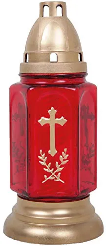 HS Candle Grableuchte aus Glas (24 cm) mit Kreuz inklusiv Kerze - Design Bella rot