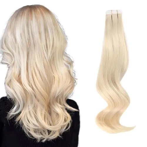 ABH AMAZINGBEAUTY HAIR Tape Extensions Echthaar Menschenhaar Semi-permanent Remy Menschenhaar Tape in 20 Stück 50 Gramm Echthaar Extensions Tape Aschplatinblond #60 Echthaar Tape in Extensions 35 cm