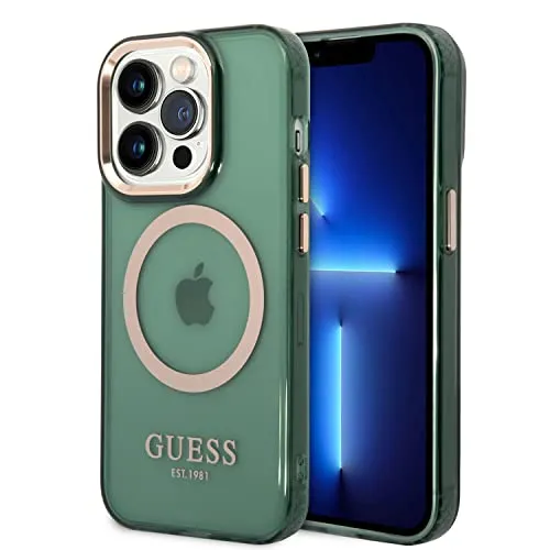 CG MOBILE Guess Kompatibel mit Magsafe Hülle mit durchscheinendem Goldumriss, neuestes glänzendes Design, Kratzfest, beschädigungsbeständig, kompatibel mit iPhone 14 Pro (Kaki)