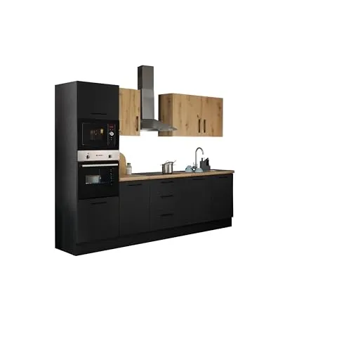 Stella Trading Turin ZBM Küchenzeile 280 x 211 x 60 cm, schwarz – Moderne Küchenzeile mit Artisan-Eiche Optik - ELEGANT - Die Kombination aus mattem Schwarz und Artisan Eiche Optik verleiht dieser Küchenzeile einen stilvollen Look. VIEL STAURAUM - Clevere Fächer bieten reichlich Platz für Küchenutensilien. MONTAGEFREUNDLICH - Einfache Montage dank detaillierter Anleitung.