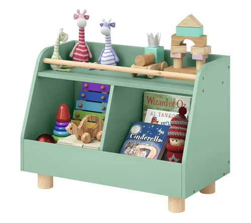 Bellabino Kinderregal Belly mit geräumigen Fächern und Ablagefläche, Spielzeugtruhe, Bücherregal aus Holz, 2 Fächer für Spielzeug, 1 Ablagefläche, mintgrün/natur