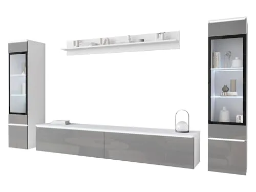 Mirjan24 Wohnwand Doppo II - Griffloses Design mit LED-Beleuchtung - Moderne Wohnwand Doppo II in Weiß/Grau Hochglanz, inkl. griffloses Öffnen und hochwertiger LED-Beleuchtung für eine stilvolle Atmosphäre. Ideal für Ihr Wohnzimmer!