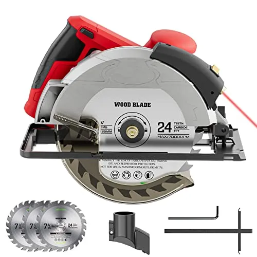 Kreissäge, Handkreissäge 1500W 12A 5500RPM mit Laserführrung, Kupfermotor, 185mm Kreissägeblatt, 3 Sägeblättern (24T/48T), Maximale Schnitttiefe 62 mm (90°), 46 mm (45°), für Holz DIY, Plastik