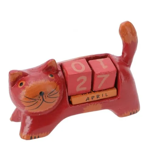 GURU SHOP Holz Kalender - Katze Rot, 7x13x3 cm
