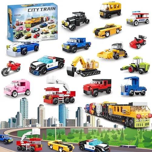 Pack Bauspielzeug Ctiy Auto für Jungen Kinder 3 4 5 6+, 2 in 1 710pcs kreative Baukästen Mini City Fahrzeuge umfassen Polizei Auto & Zug, Weihnachten Spielzeug Geschenke für Jungen Mädchen Kinder 16