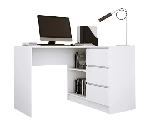 3E 3xE living.com Lynna Schreibtisch B16 Right White Kleiner Eckschreibtisch mit DREI Schubladen, rechte Seite, Maße: Höhe: 77 cm, Breite: 124,5/85 cm, Tiefe: 45/48,5 cm