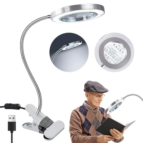 Mitening 8X Lupe mit Licht und Ständer,LED Lupenleuchte, Lupenlampe mit Metallklemme, Lupenlampe mit USB-Klemme, 360° Drehbare für Arbeit, Lesen, Hobbys, Nähen, Basteln, 10W