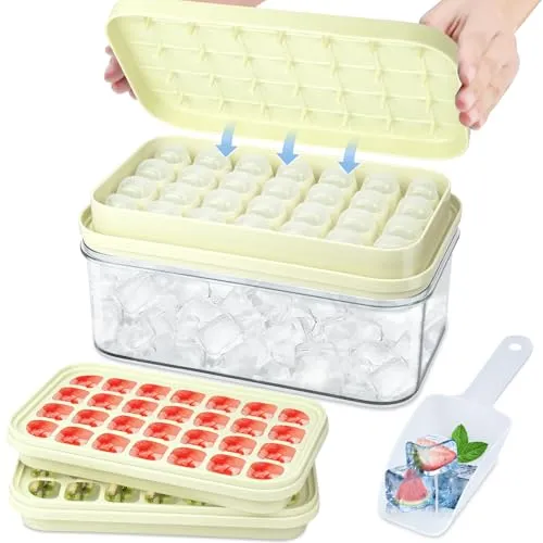 Eiswürfelbehälter mit Deckel und Behälter, 2er Pack Eiswürfelform Silikon Groß XXL, Einfrieren Behälter BPA Frei Stapelbar Platzsparend, um das Eis zu Lösen, Für Babybrei (mit Schaufel, Cremeweiß)