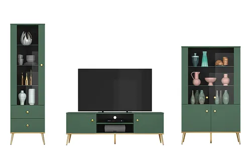 Wohnwand Forest Anbauwand 3-teilig - Dunkelgrün mit Goldakzenten - TV-Möbel & Schrankwände, stilvolle 3-teilige Wohnwand in modernem Design, bietet viel Stauraum mit 7 Türen und 2 Schubladen, ideal für Ihr Wohnzimmer.