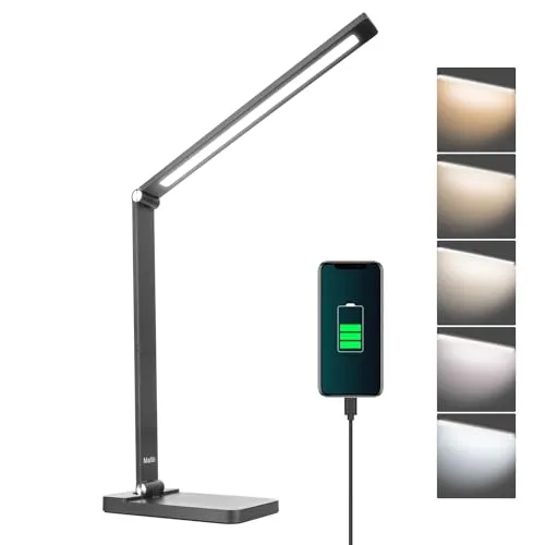 mafiti Schreibtischlampe LED Dimmbar - Schreibtischlampe mit 5 Farbtemperaturen und 3 Helligkeitsstufen, ideal für Lesen und Arbeiten. Integrierter USB-Anschluss für bequemes Laden.
