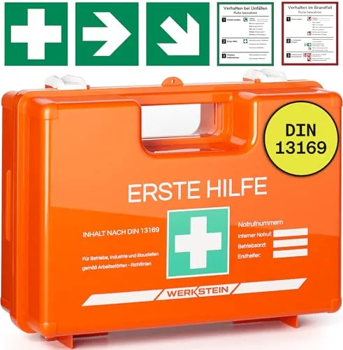 Erste Hilfe Kasten DIN 13169:2021 - Komplettset für Notfälle - Erste-Hilfe-Set für Haushalt & Arbeitsplatz, inklusive Wandhalterung und Anleitung für schnelle Hilfe bei Unfällen – ideal für Betriebe bis 300 Personen.