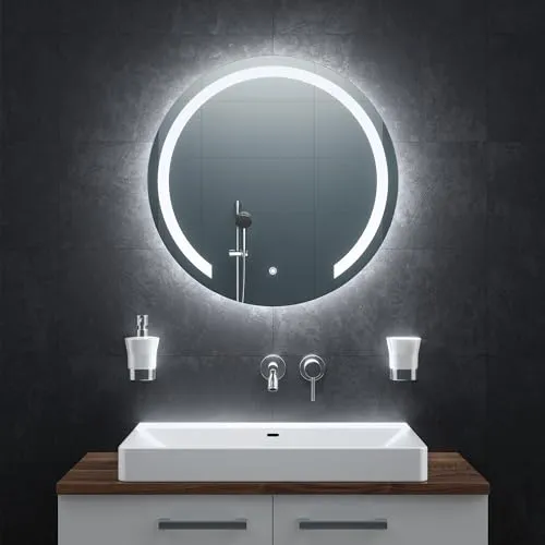 BR Bringer LED Badspiegel Rund 70cm - Badezimmer Wandspiegel mit dimmbarer Beleuchtung, Anti-Beschlag-Funktion und 3 Lichtfarben für optimale Lichtverhältnisse. Modernes Design, benutzerfreundlich mit Touch-Bedienung und sicher im Feuchtraum.