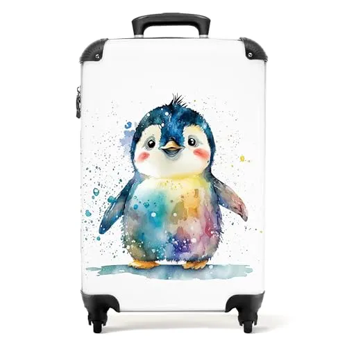 NoBoringSuitcases.com Kinderkoffer Handgepäck Trolley - Aquarell Pinguin Design 55x40x20 cm - Handgepäck Koffer mit einzigartigem Aquarell Pinguin Design, leicht und langlebig, ideal für kleine Reisende. Integriertes Zahlenschloss für zusätzliche Sicherheit.