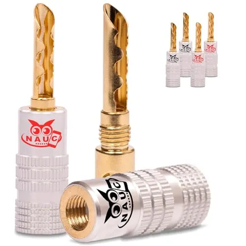 NAUC Hohl Bananenstecker für Lautsprecherkabel - 6 Stück Stecker als Set - Hohl Steckverbinder 24K vergoldet schraubbrar - Tube für HiFi Verstärker