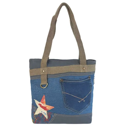 Sunsa Damen Jeans Tasche: Große nachhaltige Shopper Schultertasche - Damentaschen, handgefertigte Schultertasche aus recycelter Jeans, ideal für Freizeit und Reisen, umweltfreundlich und stylisch im Vintage-Stern-Design.