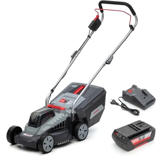 IKRA Bosch 36V Rasenmäher IB-LM 33 - Ideal für Rasenflächen bis 250m² - Sichelmäher mit 33cm Schnittbreite und 5-fach verstellbarer Schnitthöhe. Inklusive 36V Akku für kabellose Freiheit und bürstenlosem Motor für mehr Leistung und längere Laufzeit.