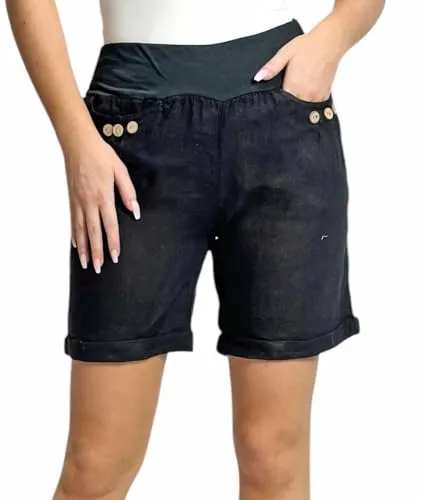 Mississhop 293 Damen Leinenshorts Bermuda lockere Kurze Hose Freizeithose 100% Leinen Shorts mit DREI Knöpfen Sommer Strand Schwarz XL