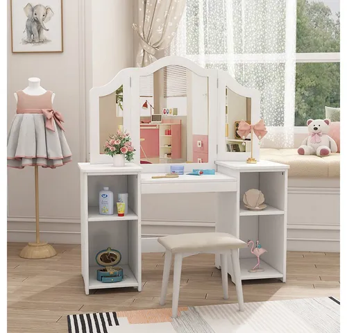 Vicco Schminktisch Estella, Weiß, 105 x 117.9 cm mit Spiegel - Schminktisch für Kinder, modernes Design mit einklappbarem Spiegel für stundenlangen Spielspaß und Glamour – das perfekte Geschenk für kleine Fashionistas!