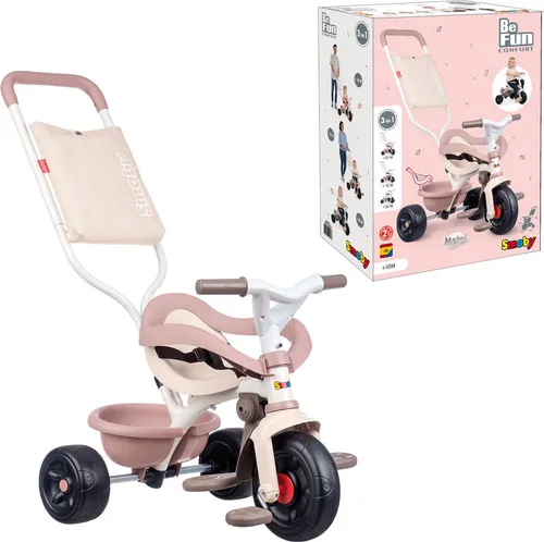 Smoby Dreirad Be Fun Komfort Rosa - Dreirad für Kinder von 10 Monaten bis 3 Jahren, mit ergonomischem Sitz und sicherem Stahlrahmen. Ideal für das Mitwachsen und bequemes Schieben dank höhenverstellbarer Schubstange.