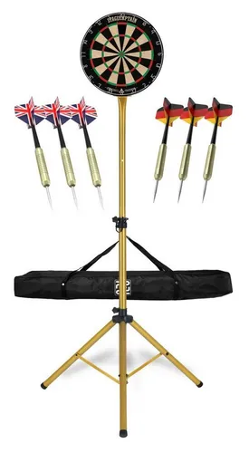 Stagecaptain DBS-1715 BullsEye Pro Dartscheibe Set Gold - Dartscheibe mit Ständer und Tasche, extra dünne Drahtspinne, stufenlos höhenverstellbar, inklusive 6 Steeldarts und Wandbefestigung – ideal für Turniere und Freizeit!