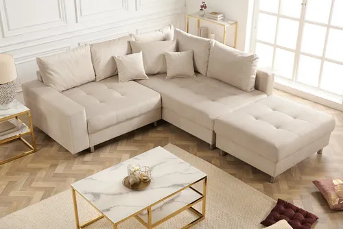 Riess-Ambiente Ecksofa KENT 220cm in champagner beige - Ecksofa für Wohnzimmer mit beidseitiger Ottomane, hochwertiger Samtbezug und modernem Design für ultimativen Komfort und Stil.