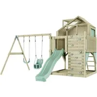 PolarPlay Spielturm Lasse - Der Sieger für grenzenlosen Spielspaß - Schaukeln und Klettern in einem stabilen Spielturm aus unbehandeltem Holz. Mit Rutsche, Spielhaus und Doppelschaukel für Kinder ab 3 Jahren. 10 Jahre Garantie auf Holzelemente.