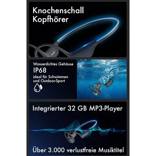 auvisio wasserdichte Knochenschall-Kopfhörer mit MP3-Player, BT 5.3, IP68 - Kopfhörer mit Bone Conduction-Technologie für kristallklaren Klang und integriertem 32 GB MP3-Player. Ideal für Schwimmen und Outdoor-Sportarten, mit 6-Farben LED zur Sicherheitsbeleuchtung.