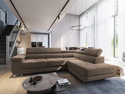 Masseno Ecksofa SELVA R-S mit Schlaffunktion - Ecksofa mit Bettkasten und verstellbaren Kopfstützen, ideal für Multifunktionalität und Komfort im Wohnzimmer.