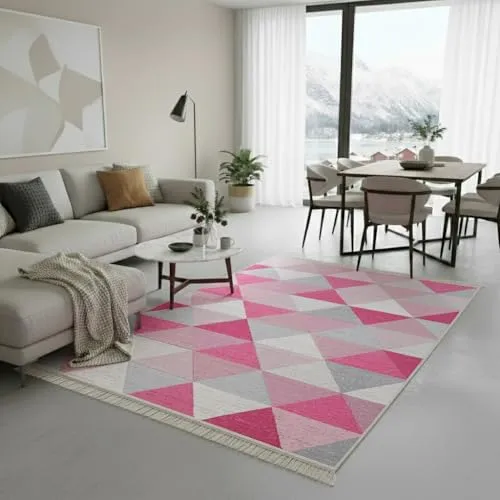 Fashion4Home Teppich Läufer - Tepiche für Wohnzimmer, Schlafzimmer, Küche, Kinderzimmer, Badezimmer - Boho Kelim - Läufer Flur, Karo-Hellrosa, Größe: 50x80 cm