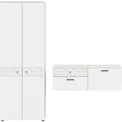xonox.home Garderobenkombination Prisma in Weiß - Moderne Garderobenkombination für Flur und Diele, bietet großzügigen Stauraum mit 2 Schubkästen und 5 Einlegeböden. Elegantes Design mit Hochglanz-Absetzungen sorgt für stilvolle Akzente.
