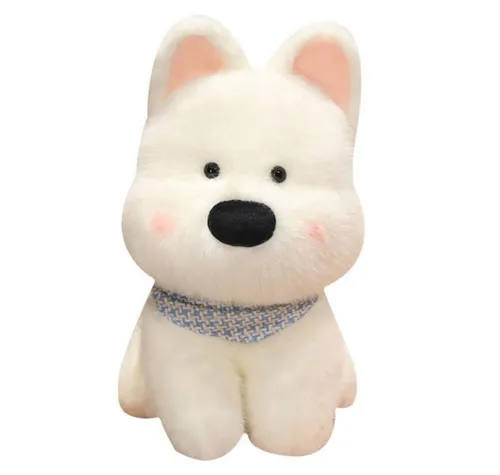 Lean Plüsch Maskottchen Kuschelhund mit blauem Tragetuch 33cm - Weicher Plüschhund in Weiß mit blauem Tragetuch, ideal zum Kuscheln und Spielen. Perfekt als liebevoller Begleiter für Kinder und hübsches Dekorationselement im Kinderzimmer.