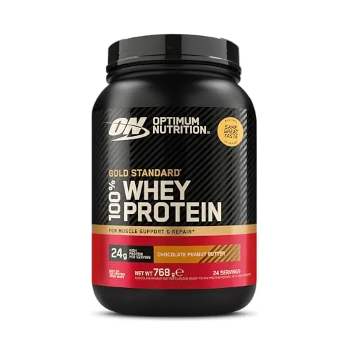Optimum Nutrition 100% Whey Gold Standard (768g) Chocolate Peanut Butter - Hochwertiges Proteinpulver - Hoher Proteingehalt mit 23,7 g Protein pro Portion. Vielseitig einsetzbar für die tägliche Ernährung und leicht mit Wasser oder Milch zu mischen. Ideal für aktive Lebensstile.