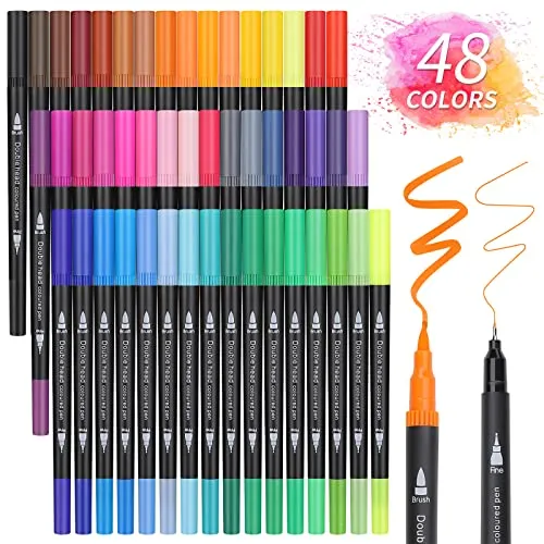 Owelth Brush Pen Set - 48 Farben Dual Tip Pinselstifte - Marker & Filzstifte mit doppeltem Spitzen-Design: 0,4 mm Fineliner und 1-2 mm Pinselspitze für kreative Kunstprojekte. Ungiftige Tinte und brillante Farben inspirieren Kinder und Erwachsene gleichermaßen.