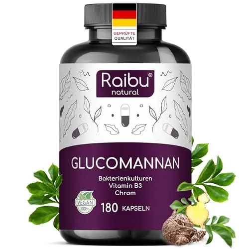 Glucomannan aus der Konjak Wurzel - 4100mg je Tagesdosis, 180 Kapseln, Optimiert mit Bakterienkulturen, Chrom und Vitamin B3-95% Glucomannan, hohe Viskosität - Raibu, in Deutschland produziert