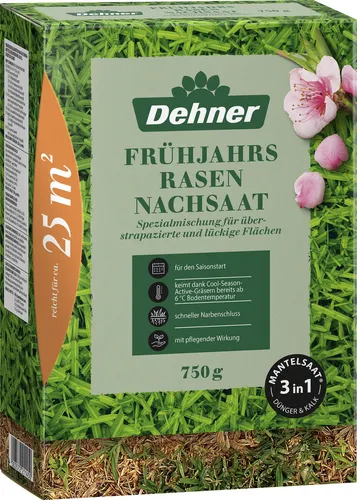 Dehner Saatgut Frühjahrs-Nachsaat, hochwertige Mantelsaat für dichten Rasen, schnell keimend / nährstoffreich / regenerierend, ideal zur Lückenschließung nach dem Winter, 750 g für ca. 25 m²