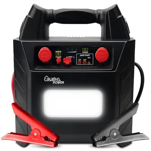 Casativo 5-in-1 Pkw-Starthilfe 12V/24V (2000A) mit Powerbank 40Ah – Mobiler Batterie-Booster mit 230V-Steckdose, 12V-Ausgang & LED-Leuchte