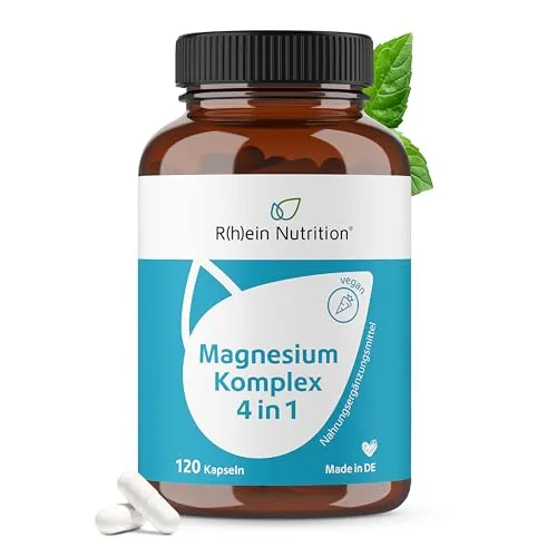 R(h)ein Nutrition Magnesium Komplex 4 in 1 hochdosiert vegan Kapseln - Mineralstoffe für Muskelfunktion und Energie, hochdosiert und vegan, ideal zur Unterstützung von Nervensystem und psychischen Funktionen.