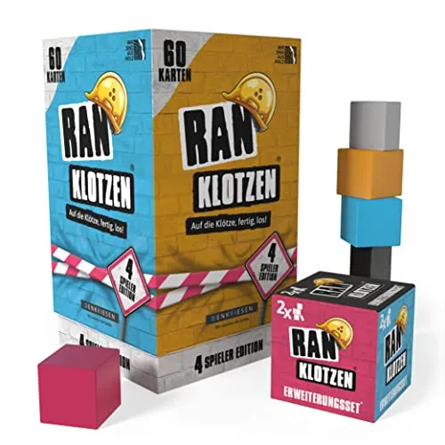 DENKRIESEN - RANKLOTZEN - „Auf die Klötze, fertig, los!“ | ab 2 Spieler | Familienspiel | Spiel aus Holz | Geschenkidee (4 Spieler Edition + Erweiterungsset)