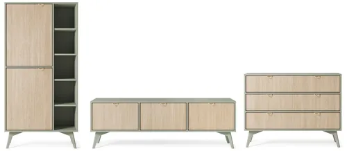 Wohnzimmer-Set Wohnwand 3-teilig eukalyptusgrün Herringbone Skandi - Moderne TV-Möbel & Schrankwände mit 3 Schubladen, 5 Türen und offener Ablagefläche für stilvolle Ordnung im Wohnzimmer.