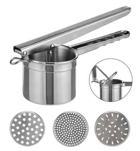 Gravidus Kartoffelpresse Edelstahl mit 3 Locheinsätzen - Vielseitige Kartoffelpresse aus Edelstahl, ideal zum Pressen von Kartoffeln, Gemüse und sogar für Spätzle. Mit 3 Locheinsätzen für kreative Zubereitungen.
