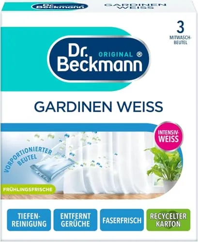 Dr. Beckmann Gardinen Weiß | Gardinenweiß für strahlende Vorhänge | mit effektiver Intensiv-Weiß-Formel, 120 g