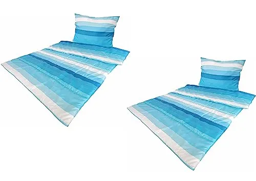 MB Warenhandel24 Bettenset 2X Bettdecke ca. 135x200 cm und 2X Kopfkissen ca. 80x80 cm Bettwäsche Bedruckt Allergiker Steppbett & Kopfkissen Bezug 100% Polyester (Blau gestreift)